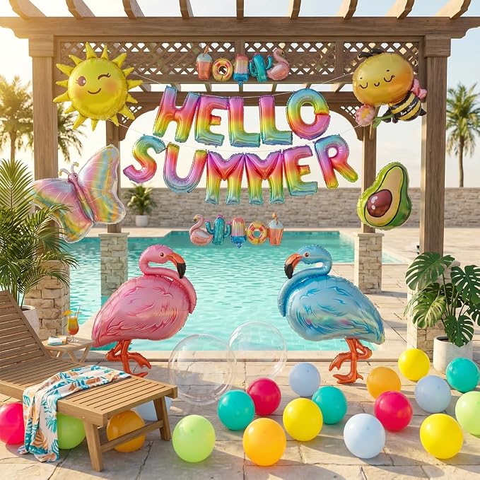 91 PCS "Hello Summer" Foil Balloon Decoration Kit, Tropical Summer Party with Flamingo Bee Butterfly Avocado Mylar Balloons All-in-One Set, Rainbow Letter for Pool Party, Beach Party, Summer Decor