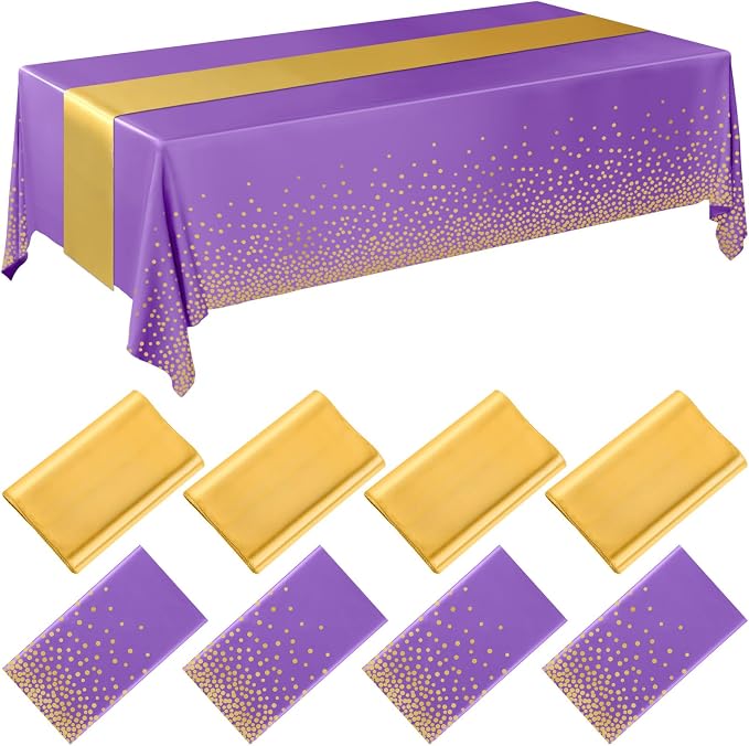 Breling 8 Pack Purple and Gold Disposable Plastic Tablecloths and Satin Table Runner Set, 54 x 108 Inch Tablecloth, 12 x 108 Inch Table Runners for Wedding Graduation Birthday Baby Shower New Year