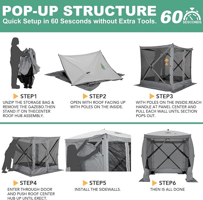 COBIZI 6x6 FT Pop up Gazebo, Popup Canopy Tent, Screened in Gazebos with sidewalls, Waterproof Portable Outdoor Small Screen Tents Sun Shelter,carpas para Patio for Camping, Garden and Backyard,Grey