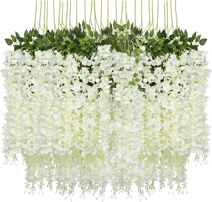 Pauwer Wisteria Hanging Flowers 12 Pack Fake Flower Garland Artificial Wisteria Vines Rattan Silk Flower String Wedding Party Wall Decorations,White