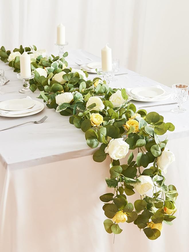 MISSPIN 2pcs Artificial Flowers Garland Spring Eucalyptus Garland Vintage Fake Flower Peony Rose Vine Greenery Decorative Wall Hanging Plant for Wedding Arch Door Arrangement Party Decor