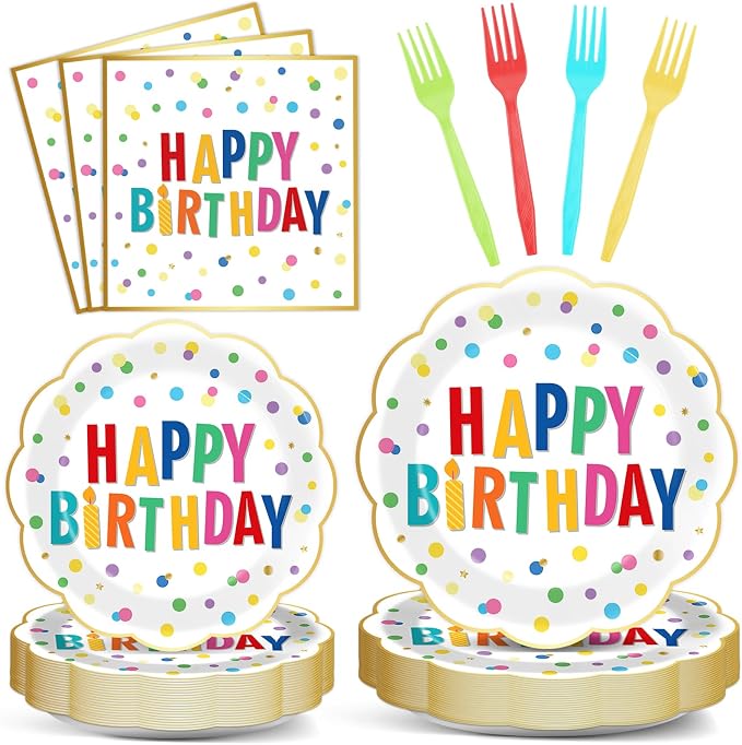 96PCS Polka Dot Plates Tableware Set Supplies Happy Birthday Cake Dessert Scalloped Paper Plates Napkins Tableware Set Polka Dot Theme Colorful Birthday Plate Dinnerware Decoration for 24 Guests