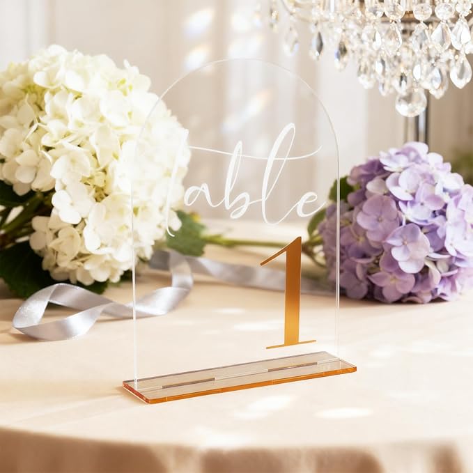 Arch Acrylic Wedding Table Numbers with Gold Font & Stands - 5''x7'' Clear Acrylic Table Number Signs for Wedding Reception, Anniversary, Event & Party Decor (Set 1-20)