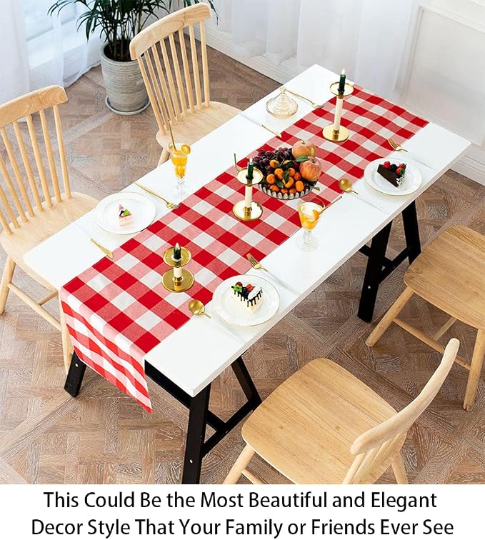 Buffalo Check Table Runner 13''x108'' Red and White Cotton Checkered Table Runner Buffalo Plaid Table Cover for Family Dinners Plaid Table Runner for Farmhouse