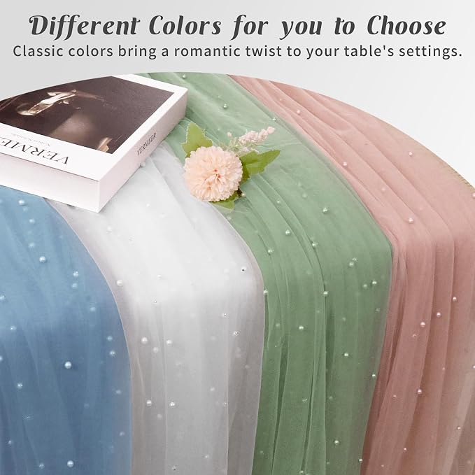 Set of 6 Pearl Table Runner 29 x 120 Inch White Tulle Fabric Lace Table Runners Boho Rustic Table Runners for Bridal Shower Birthday Party Wedding Arch Veil Dessert Table Decor(White)