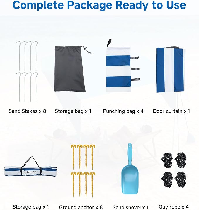 Slsy Beach Tent 10 x 10 FT, Beach Shelter with Removable Side Wall, UPF 50+ Sun Protection Canopy Cabana, Easy Setup Shade with Sandbags, Stakes & Guy Lines, Wind Resistant, Fits 6 People