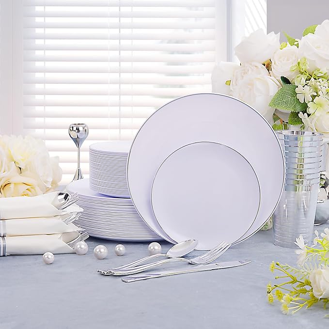 KIRE 350 PCS Plastic Dinnerware Set for 50 Guests, Silver Plastic Plates Include 50 Dinner, 50 Dessert Plates, 50 Pre Rolled Napkins with Silverware, 50 Cups for Wedding, Party, Banqet, Christmas
