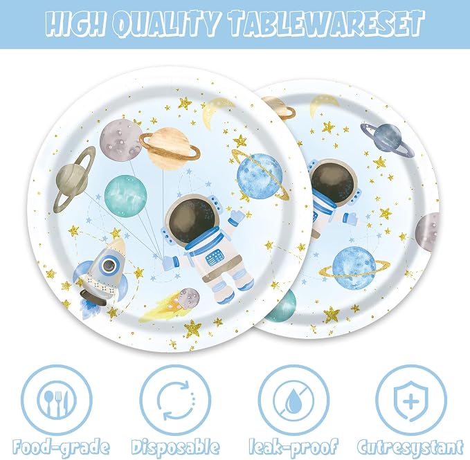 141Pcs Blue Outer Space Party Supplies for Baby Shower Birthday Party Decorations Moon Star Outer Space Planet Theme Plates and Napkins Forks Cups Straws Tablecloch Serves 20 Guests