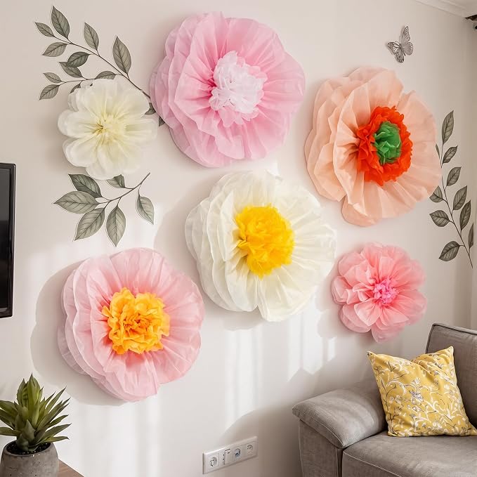 Giegxin 6 Pcs 14'', 9'' Pastel Large Paper Flowers for Wall Decorations Pink Tissue Crepe Flowers Pastel Party Decorations Floral for Classroom Wedding Baby Shower Birthday Tea Party Art Backdrop