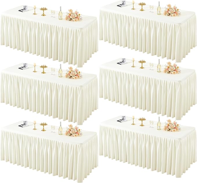PARTISKY 6 Pack Ivory Tablecloths for Rectangle Tables 6ft, Wrinkle Resistant Spandex Table Cover Fitted Stretch Table Cloth with Pleated Ruffle Skirts for Party Banquet Dining Birthday Wedding