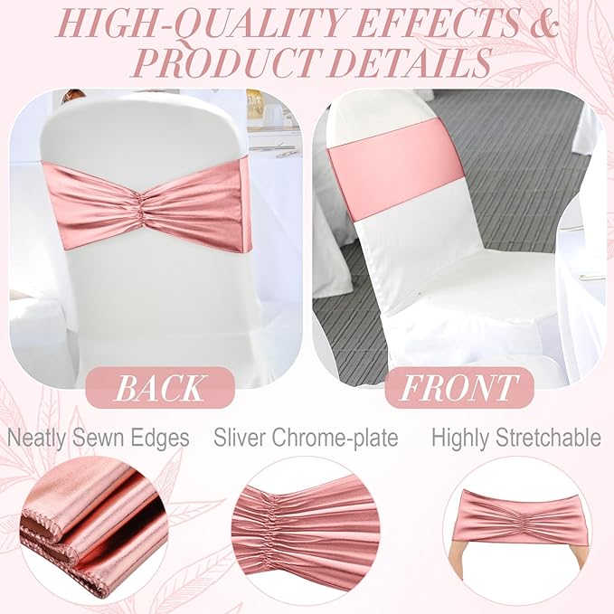 Hahafelt 50 pcs Chair Sashes Shiny Bow Spandex Bands for Chair Wedding Banquet Parties Reception Restaurant Decoration, Rose Gold