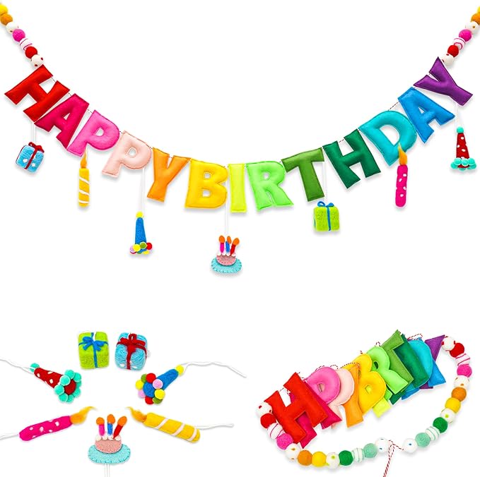 Happy Birthday Banner, Handmade Wool Felt Birthday Banner with Cute Charms, Reusable Rainbow Birthday Decorations for Kids, Colorful Birthday Garland for 1st Birthday, Baby Shower,Party Photo Backdrop