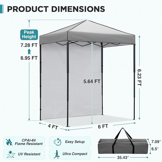 EAGLE PEAK 6x4 Instant Pop Up Canopy Tent with 1 Side Wall Panel, Straight Leg Sun Shelter, Portable Canopy with Carry Bag for Camping, Beach & Sports, Gray