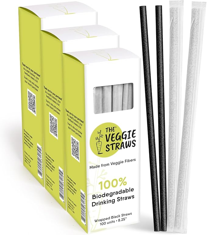 The Veggie Straws – 300 PCS of 8.25 Inches Individually Wrapped Black Biodegradable Straws – Made of Vegetable Fibers, Best Environment Friendly Drinking Straws for Hot and Cold Beverages