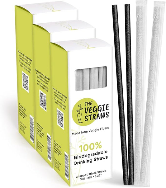 The Veggie Straws – 300 PCS of 8.25 Inches Individually Wrapped Black Biodegradable Straws – Made of Vegetable Fibers, Best Environment Friendly Drinking Straws for Hot and Cold Beverages