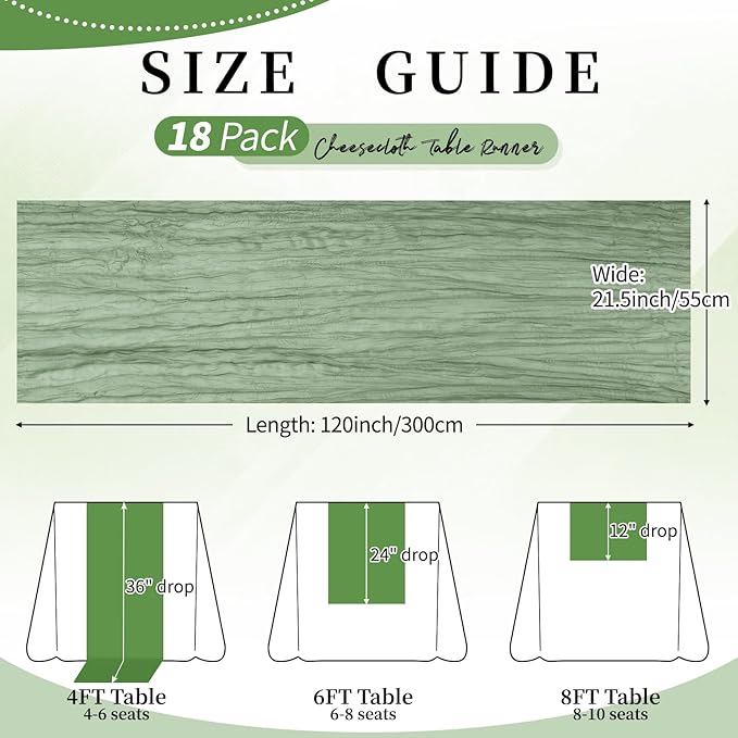 18 Pack Sage Green Cheesecloth Table Runner 21.5x120 Inch, Semi Sheer Boho Gauze Cheese Cloth Fabric Table Runners 10 FT Long for Wedding Party Baby Shower Birthday Home Decor