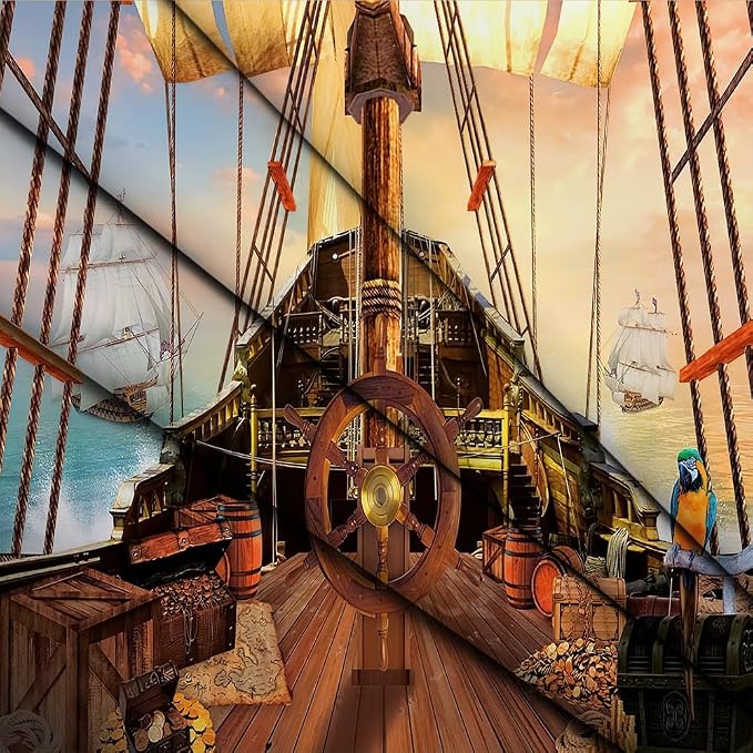 Pirate Ship Backdrop for Photography Nautical Treasure Map Old Wooden Deck Kids Boys Happy Birthday Supplies Baby Shower Decorations Banner Background Photo Studio Booth Props 8X6FT