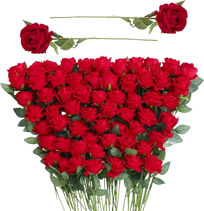 90 Pcs Red Velvet Rose Artificial Flowers, 51cm Silk Wedding Fake Silk Roses Florals for Centerpieces DIY Bouquet Party Arrangement Bridal Home Decor
