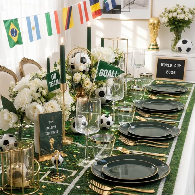 WDF 150Pcs Green Plastic Plates - Green Plates Disposable with Gold Rim - 25Guest Disposable Dinnerware Include 50 Plastic Plate 75 Gold Cutlery 25 9oz Cups for Wedding/Party/Birthday/World Cup 2026