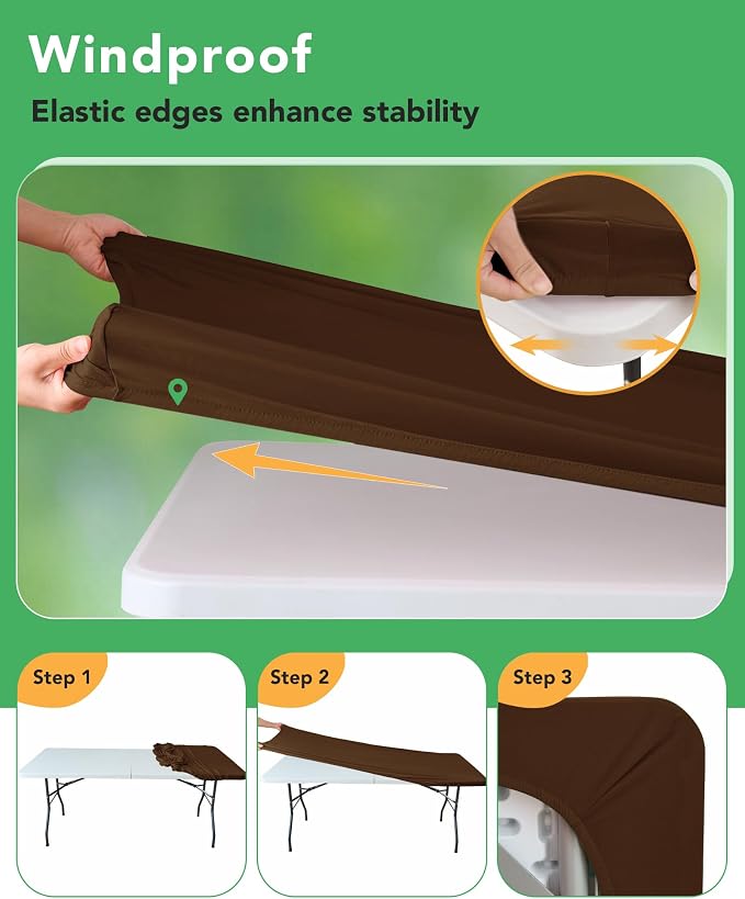 KeyWave Fitted Tablecloth Rectangle Table Cloths - 6 Pack 8 Foot Elastic Stretch Folding Table Top Cover Water-Resistant Reusable for Outdoor Picnic Camping Party Event, Brown, 96" L x 30" W