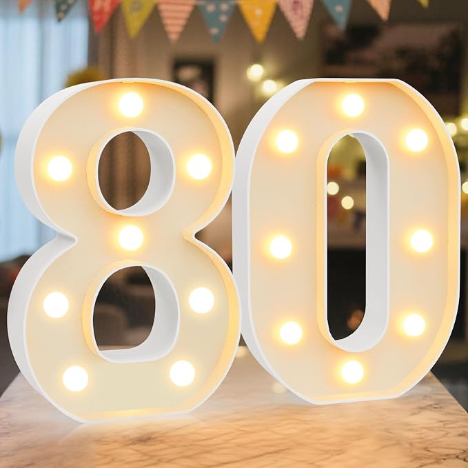 LED Marquee Light Up Numbers Sign - Lighted Birthday Numbers Sign for 80th Birthday Party Decoration, Bar Wall, Home, Table Room, Wedding and Christmas Decorations, Number 80