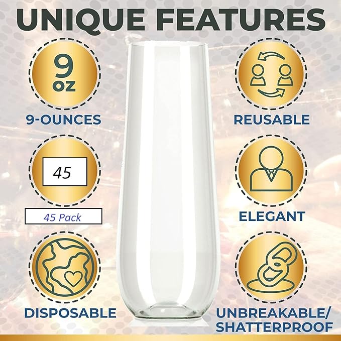45 Plastic Stemless Champagne Flutes - Disposable Unbreakable toasting glasses, 45 pack | Clear Fancy Shatterproof & Reusable 9 Oz Champagne glass, BPA free - Ideal for Weddings, Birthdays, Parties