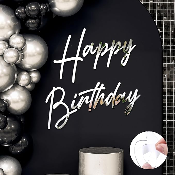 Yousoontic Happy Birthday Sign for Backdrop Large Happy Birthday Sticker Letter Acrylic Mirror Decal for Balloon Arch Wall Kpop Party, Peel Off Acrylic Film(23 x 20 Inches,Classic,Silver)