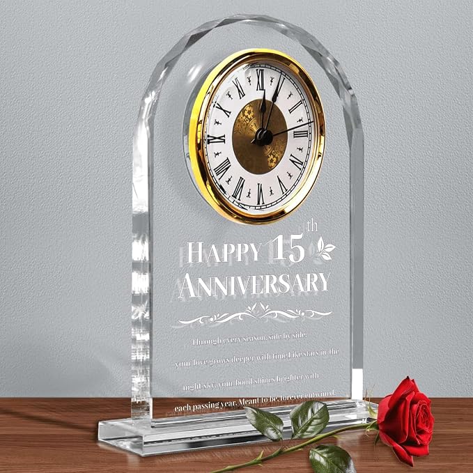 15th Wedding Anniversary Clock Gifts for Couples - Elegant Crystal Glass Clock Keepsake for Husband & Wife - Unique Home Decor for 15 Years of Marriage