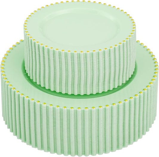 supernal 100pcs Green Plastic Plates with Gold Bead Design - Heavy Duty Plastic Disposable Sage Green Plates for Party -Include 50pcs 10inch Dinner Plate and 50pcs 7inch Dessert Plate Serve 50 Guests