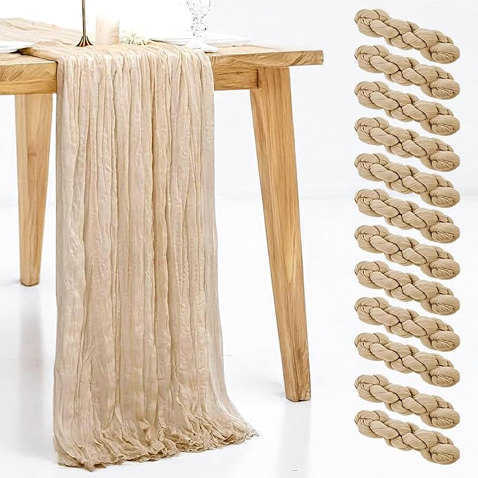 12 Pack Beige Cheesecloth Table Runner, 35x120 Inch Spring Gauze Cheese Cloth Table Runners 10 FT Beige Table Runner for Wedding Baby Shower Birthday Party Table Decors