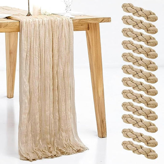 12 Pack Beige Cheesecloth Table Runner, 35x120 Inch Spring Gauze Cheese Cloth Table Runners 10 FT Beige Table Runner for Wedding Baby Shower Birthday Party Table Decors