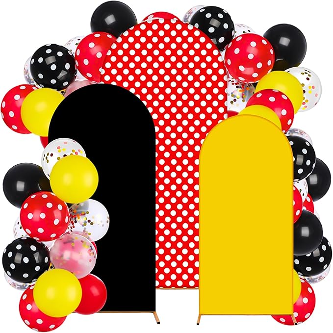 Foilswirl 34 Pieces Cartoon Mouse Birthday Party Decorations 4ft 5ft 6ft Arch Covers 3 Pcs Cartoon Mouse Theme Spandex Arch Backdrop Cover 30 Pcs Red Yellow Black Balloons 1 Ribbon for Party Decor