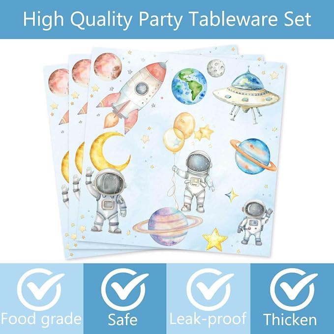 124pcs Two the Moon Birthday Party Supplies - Outer Space Two Party Plates Napkins Cups Forks Tablecloths Space Astronaut Banner Hanging Swirls for Boys 2nd Birthday Decorations(20 Guests)