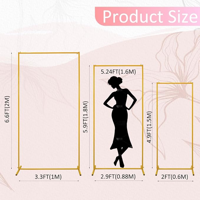 Vincidern Metal Square Wedding Arch Backdrop Stand Set of 3, Party Arch Stand, Balloon Arch Backdrop for Wedding, Baby Shower, Birthday Party, Graduation Decor, Gold (6.6FT, 5.9FT, 4.9FT)