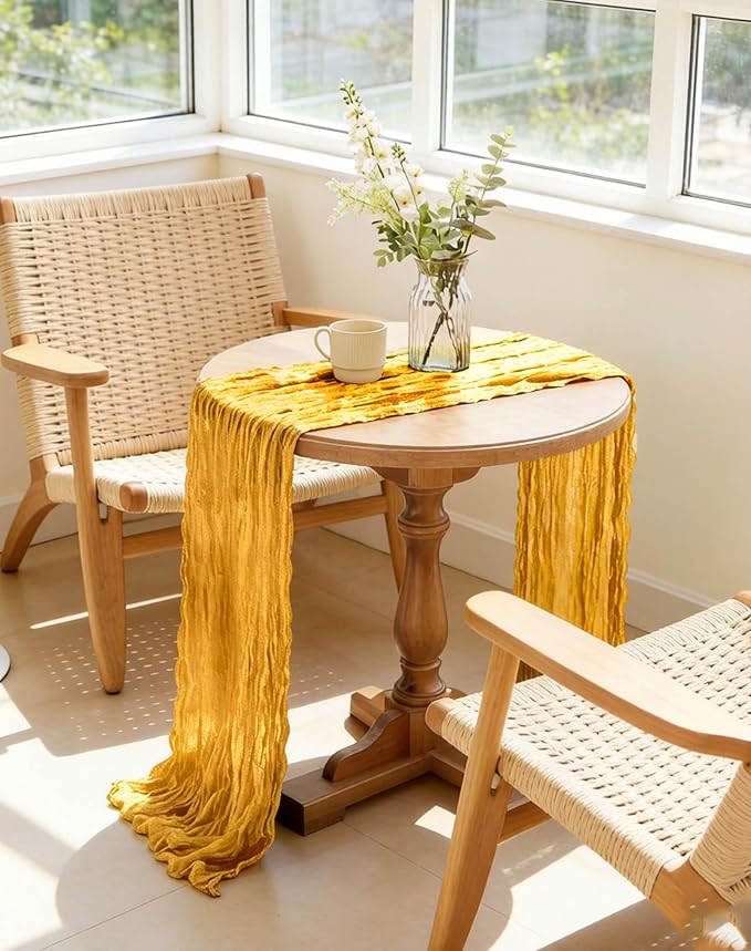 Gold Cheesecloth Table Runner 21x120 Inch Gauze Table Runners Reusable Polyester 10ft Boho Rustic Cheese Cloth Table Runner for Wedding Party Baby Shower Birthday