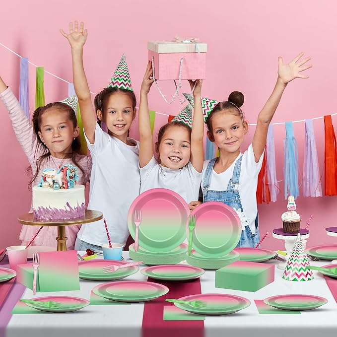 96Pcs Witch Birthday Party Decorations Gradient Pink and Green Tableware Witch Theme Paper Plates Napkins Forks Movie Dinnerware Party Supplies for Women Girls Birthday Baby Shower Serves 24 Guests