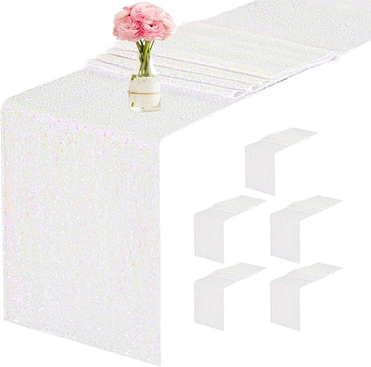 6 Packs 12 x 72 inches Sequin Table Runner, White Iridescent Glitter Table Runner for Birthday Party Supplies Wedding Engagement Baby Shower Holiday Celebration Event Decorations