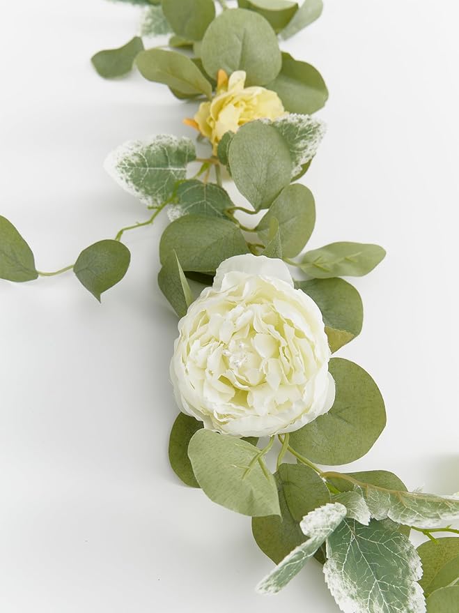 MISSPIN 2pcs Artificial Flowers Garland Spring Eucalyptus Garland Vintage Fake Flower Peony Rose Vine Greenery Decorative Wall Hanging Plant for Wedding Arch Door Arrangement Party Decor