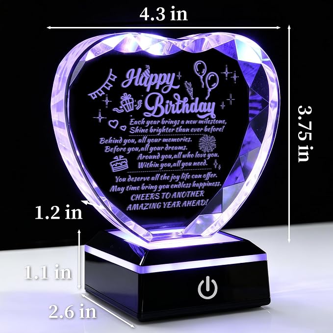 Birthday gift Love crystal with color LED base laser engraving, for husband, wife, mother, father and friends to prepare a unique birthday crystal decoration ideas.