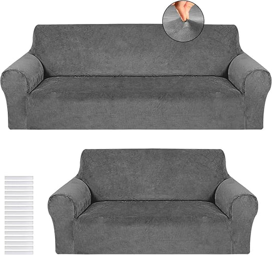 Peryiter 2 Pcs Sofa Covers Couch and Loveseat Covers Set Stretch Sofa Slipcover for Living Room Armchair Furniture Protector, Wrinkle Proof(Dark Gray,Velvet)