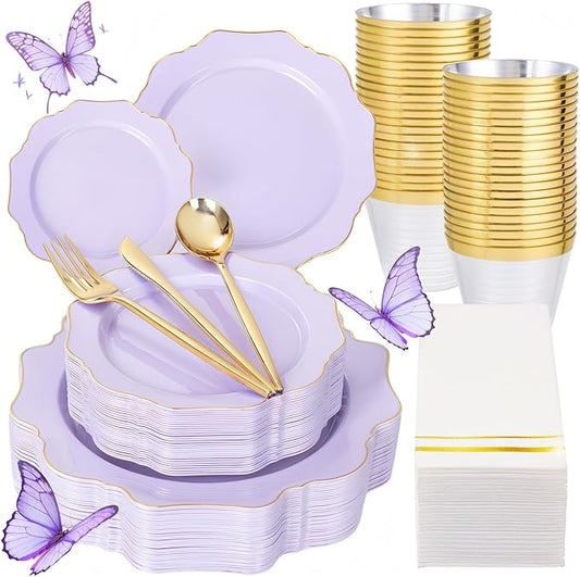 WDF 175Pcs Purple Plates Disposable - Lavender Plastic Plates 25guest Plastic Dinnerware Ideal for Birthday Party/Wedding/Spring/Picnic/Mother's Day