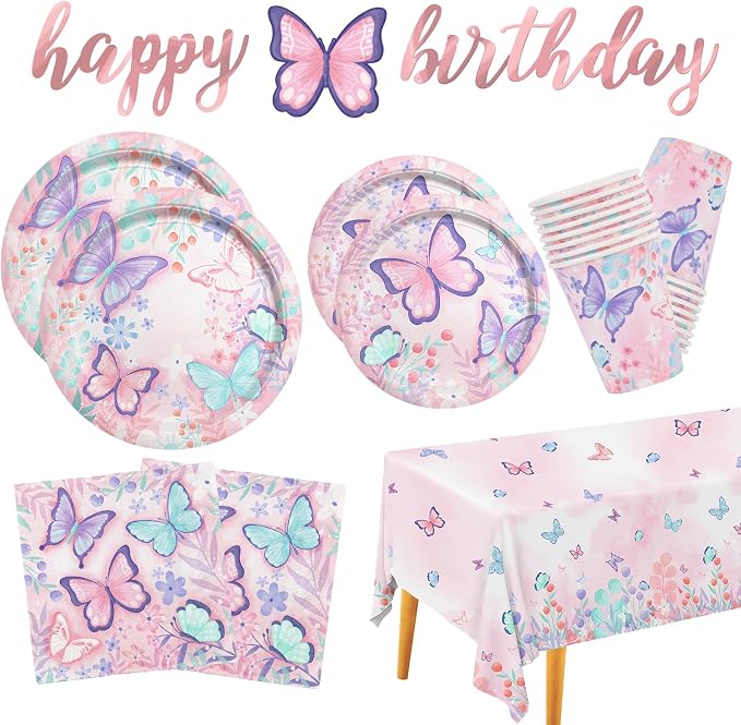 Butterfly Birthday Party Supplies Disposable Paper Plates Napkins Cups Tablecloth and Banner for Butterfly Girl Party Birthday Decorations, Serve 25