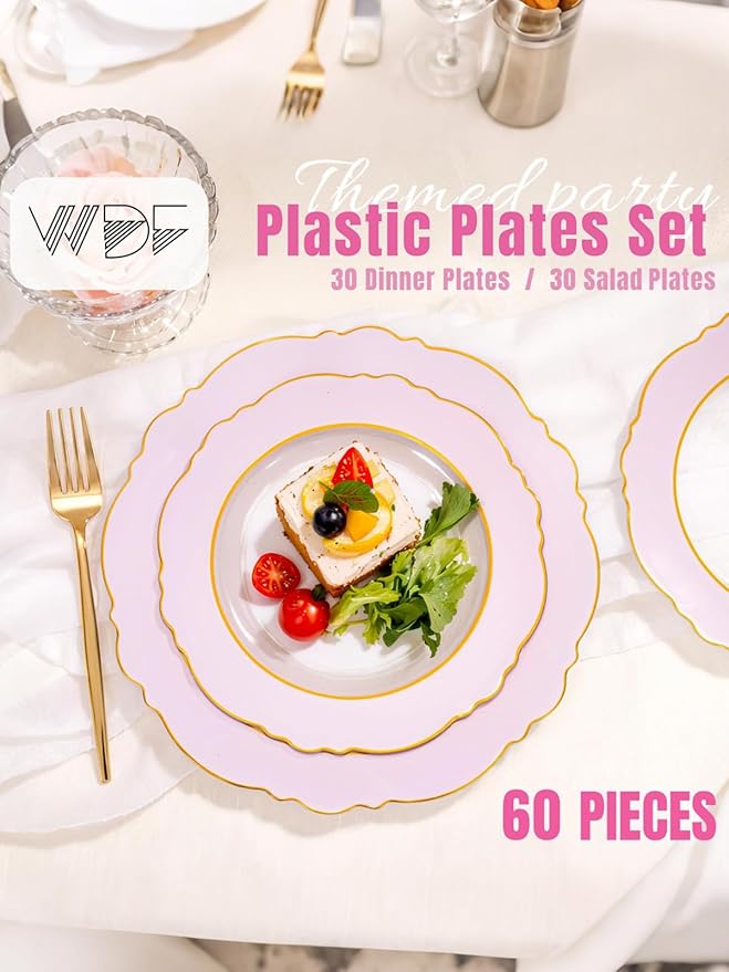 WDF 60Pcs Pink Plates Disposable with Gold Rim - Baroque Clear Pink and Gold Plastic Party Plates Ideal for Wedding/Baby Shower/Spring/Mother's Day