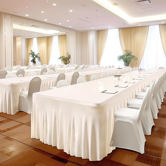 Shillance 8 Packs Ivory Spandex Table Covers 6 Foot, Fitted Stretch Table Cloth with Skirts 72x30 Inch, Wrinkle-Free Floor Length Rectangle Tablecloths for Weddings Parties Banquets Events