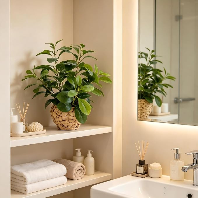 AlphaAcc 15.7" Artificial Fig Leaf Plant in Water Hyacinth Basket - Faux Ficus Greenery for Desk, Office & Boho Decor