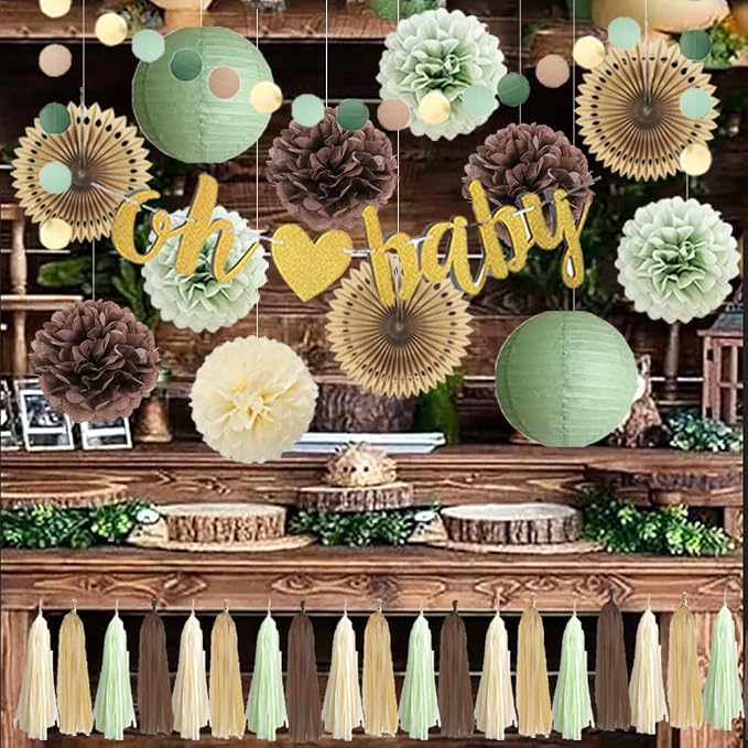 Woodland Baby Shower Decorations Sage Green and Brown Forest Theme Safari Jungle Baby Shower Decorations Gender Reval Party Decor with Beige Sage Green Brown Tassel Garlands