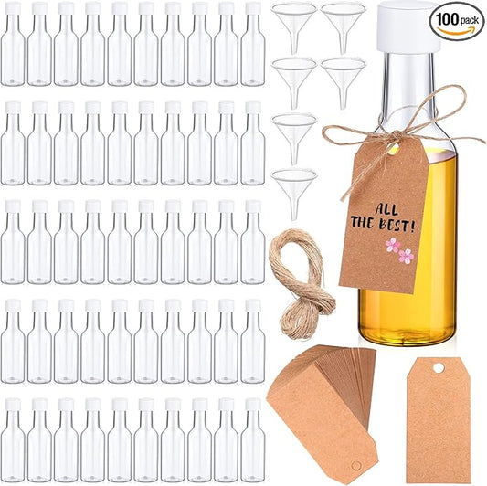 Patelai 100 Pcs Mini Liquor Bottles Set, 50ml (1.7oz) Plastic Empty Spirit Bottles for Party, Alcohol Shot Containers with Caps, 6 Liquid Funnels and 100 Kraft Tags with 65 ft Ropes, White Caps