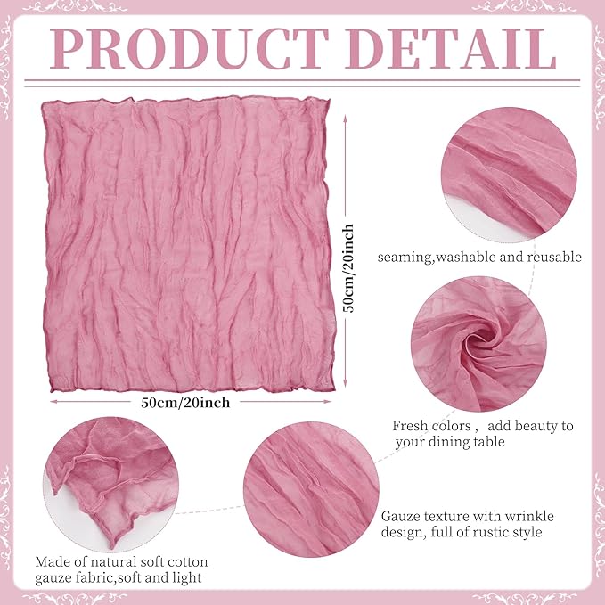 60 PCS Dusty Rose Gauze Cheesecloth Napkins,20x20 Inch Gauze Napkin Rustic Wrinkled Cheesecloth Napkin Bulk Washable Dinner Table Napkins for Wedding Party Bridal Shower Baby Shower Events Decor
