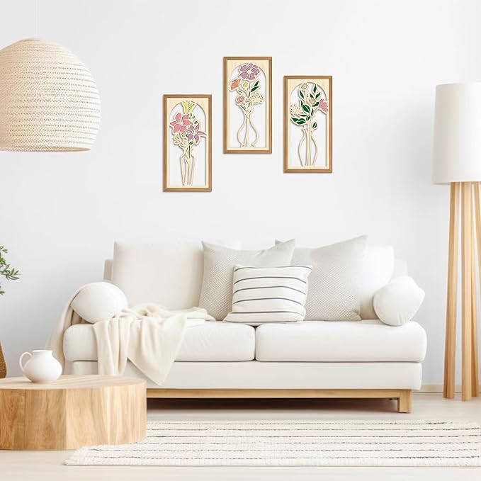 IARTTOP 3 Pcs Boho Flower Vase Wooden Wall Decor Bathroom Floral Farmhouse Decor Botanical Wood Wall Art Spring Flower Artwork for Living Room Bedroom Housewarming Gifts 7.9 x15.8 Inch