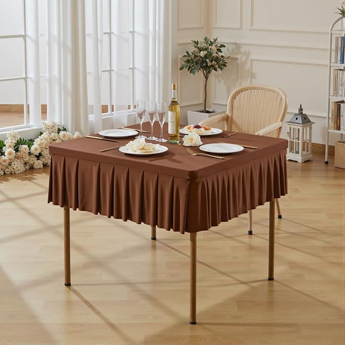 Wish Care Brown Spandex Tablecloths for 34x34 Inch Square Tables, Stretch Fitted Table Clothes with Pleated Ruffle Skirt for 34” Table, Wrinkle Free and Elastic, for Party Kitchen Home Dining